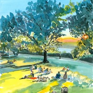 Sunset on Billings Lawn, Fort Tryon, Watercolor Print, Hudson River, Limited Edition of 50 and Various Sizes