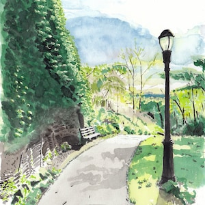 Fort Tryon Path Painting, Watercolor Print, Bench, Lamppost, Washington Heights, Limited Edition of 50 and Various Sizes