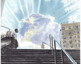 Boy Looking Up at Sky Painting, Stairs, Clouds, Watercolor Print, 187th Street Stairs, Limited Edition of 50 and Various Sizes