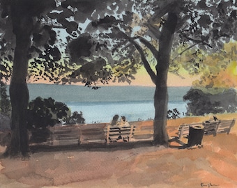 Linden Terrace, Fort Tryon, Painting, Watercolor Print, Romantic, Hudson River (Linden Terrace), Limited Edition of 50 and Various Sizes