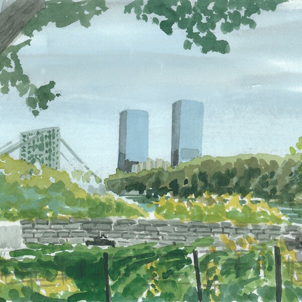 View of Fort Lee and GWB from Fort Tryon, Cloisters, Watercolor Print, Plein Air, Hudson River, Limited Edition of 50