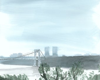 Foggy Bridge and Hudson River Painting, Watercolor Print, Manhattan, Limited Edition of 50 and Various Sizes