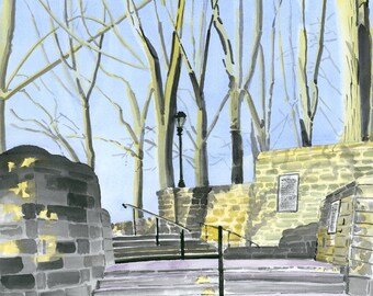 Linden Terrace Stairs, Fort Tryon, Sunset, Watercolor Print, Limited Edition of 50 and Various Sizes