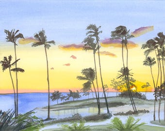 Sunset at Ko Olina Lagoon 3, Oahu, Watercolor Print, Limited Edition of 50 or Various Sizes