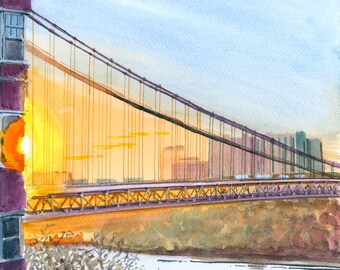 Wish You Were Here, Golden Hour, GWB Bridge, Watercolor