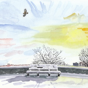 Snow Covered Bench Painting, Hawk, Fort Tryon Park, Watercolor Print, Memorial (Fort Tryon Bench), Limited Edition of 50 and Various Sizes