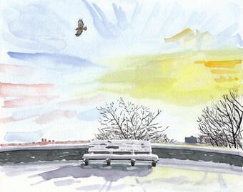 Snow Covered Bench Painting, Hawk, Fort Tryon Park, Watercolor Print, Memorial (Fort Tryon Bench), Limited Edition of 50 and Various Sizes