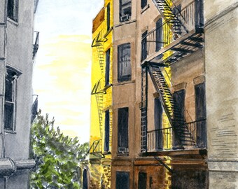 Golden Hour, Cabrini Driveway, Watercolor Print, Hudson Heights, Limited Edition of 50 and Various Sizes