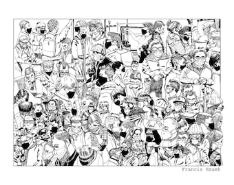 Subway Riders Art Print (Masked and Unmasked Versions) - Black and White - Limited to 50