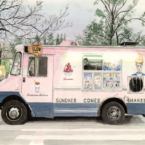 Mister Softee Truck, Painting, Washington Heights, Watercolor Print, (Mister Softee at Dusk), Limited Edition Prints and Various Sizes