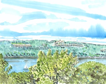 View of The Cliffs of New Jersey, Uptown Manhattan, Fort Tryon Park, Watercolor Print, Plein Air, Limited Edition of 50 and Various Sizes