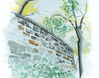 Fort Tryon Cloisters Brick Wall Painting, Watercolor Print, Washington Heights, Limited Edition of 50 and Various Sizes