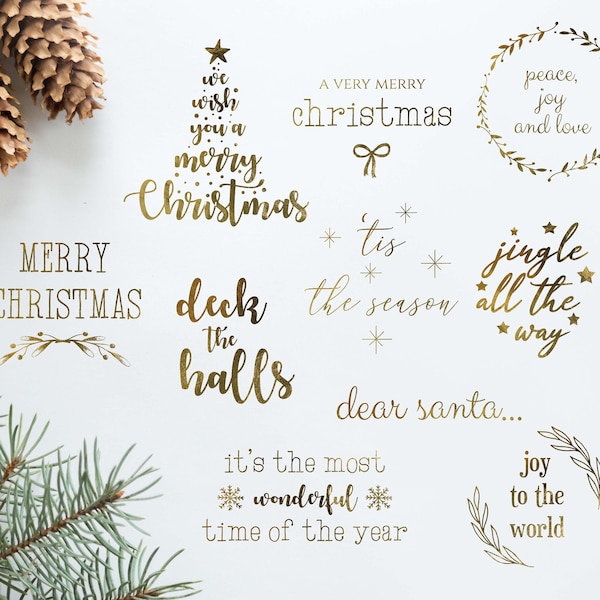 Gold Foil Christmas Overlays, PNG, Xmas phrases clipart, Christmas greetings, word art, metallic, holidays new year, scrapbooking, cards