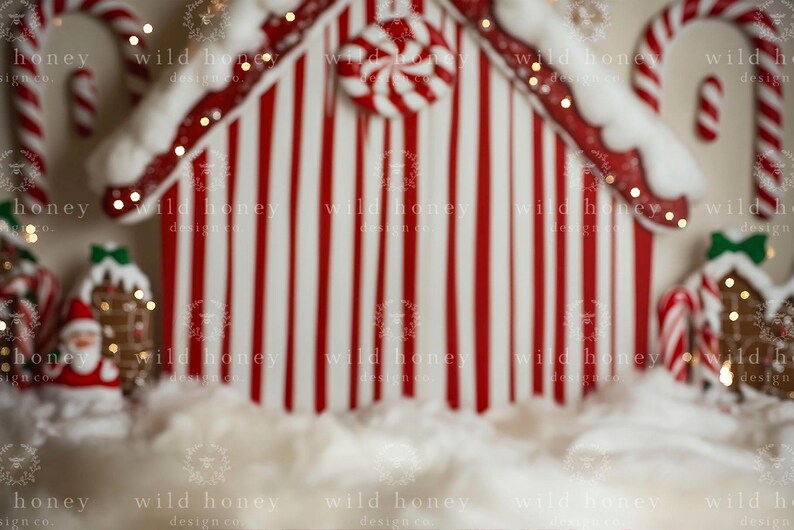 Christmas Studio Digital Backdrop, Candy Cane, Gingerbread House, White
