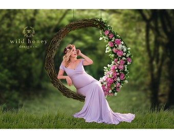 Pink Rose Swing Digital Backdrop, Greenery, White flowers, Willow Hoop, Leaves, Digital Background for Photography, Woodland, Composite