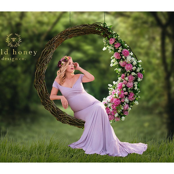 Pink Rose Swing Digital Backdrop, Greenery, White flowers, Willow Hoop, Leaves, Digital Background for Photography, Woodland, Composite