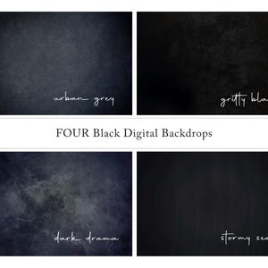 Könnte beinhalten: Vier digitale Hintergründe in Schwarz- und Grautönen. Die Hintergründe sind mit "urban grey", "gritty black", "dark drama" und "stormy seas" beschriftet.