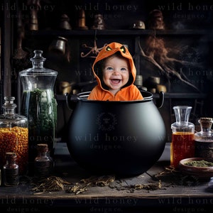 Baby in Cauldron Digital Backdrop, Halloween, Potions Shop, Witches Store, Photography, Digital Background