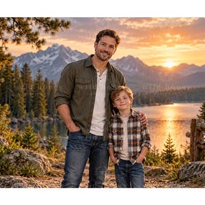 May include: An adult and a child standing together outdoors. The adult wears an olive green button-down shirt over a white henley and blue jeans. The child wears a brown, blue, and white plaid button-down shirt over a white t-shirt and blue jeans.