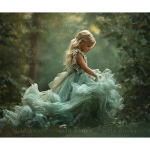 May include: A young person with long blonde hair wearing a flowing, light blue dress with ruffled layers. The dress has a detailed bodice. The background is a blurred forest scene with soft lighting, creating a dreamy atmosphere.