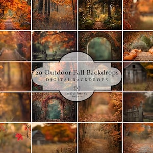 May include: A collection of 20 outdoor fall backdrops. The images showcase autumnal scenes, such as paths through forests with vibrant foliage, rustic fences, and archways. The colour scheme is dominated by warm oranges, browns, and greens, representing the season.