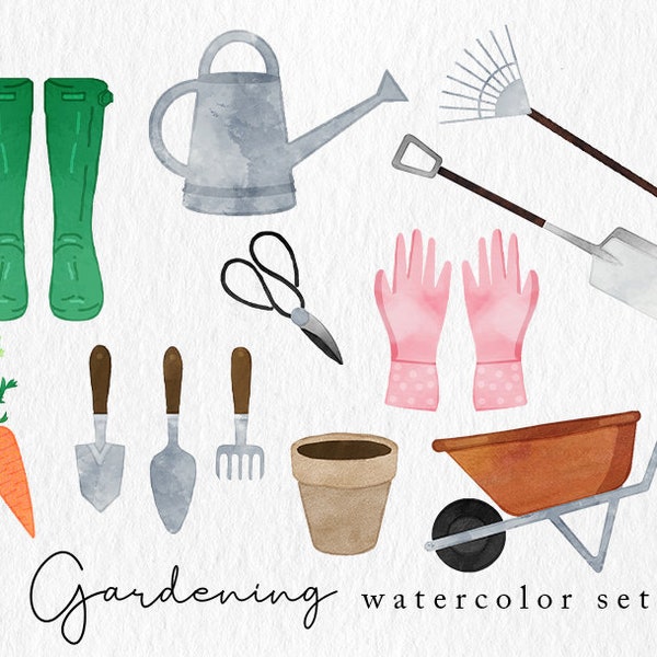 Gardening Watercolor Clipart, Commercial Use, Tools, Spade, Illustrations, Potting, Watering Can, Cuttings, Garden, Yard Work