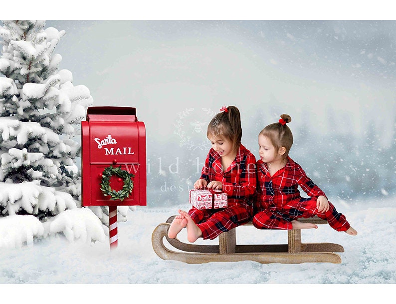 Santa Mailbox Backdrop, Snow, Winter, Christmas, Christmas Tree, Digital Backdrop, Background for Photography, Xmas, Festive image 1