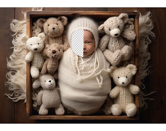 Teddy Newborn Digital Backdrop, PNG, Add Face Replace, Knitted Teddy bears, Toys, Wooden Box, Wool, Newborn Photography, Overhead, Composite