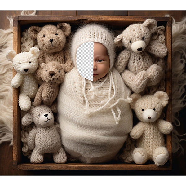 Teddy Neugeborenen digitale Kulisse, PNG, Gesicht ersetzen, gestrickte Teddybären, Spielzeug, Holzkiste, Wolle, Neugeborenenfotografie, Overhead, Composite