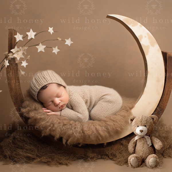 Newborn Moon Digital Backdrop, Stars, Moon Prop, Brown Fur, Teddy, Photography Background, Digital Download, Crescent Moon, Baby