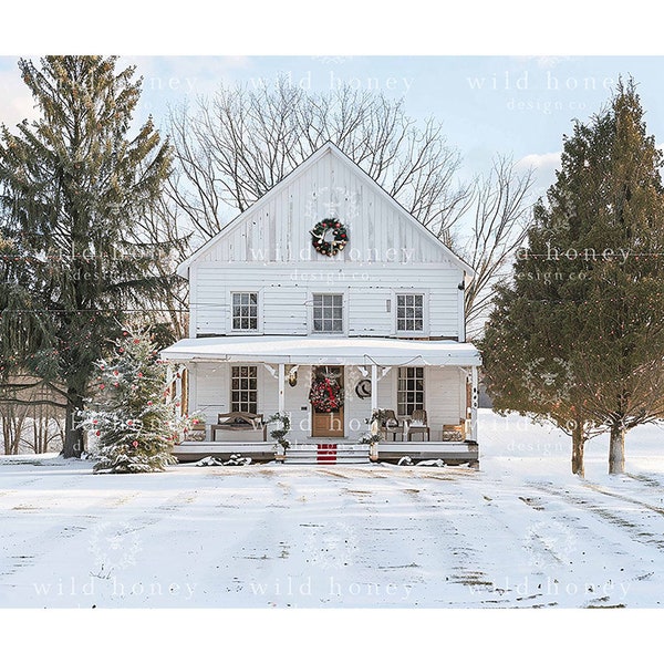 Christmas White Farmhouse Digital Backdrop, Snow, Trees, Fences, Xmas, Wreath, Digital Background for Photography, Composite