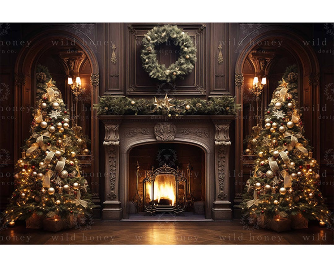 Christmas Living Room Backdrop, Wreath, Stockings, Gifts, Xmas