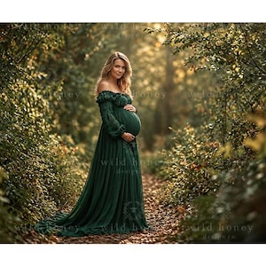 Könnte beinhalten: Ein bodenlanges, schulterfreies dunkelgrünes Kleid mit langen, transparenten Puffärmeln und einem gerafften Oberteil. Das Kleid hat einen fließenden, plissierten Rock, der bis zum Boden reicht und eine volle Silhouette aus weichem Stoff bildet.