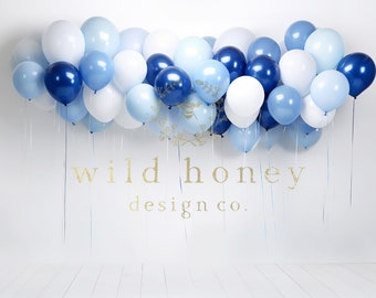 Blue and White Balloon Digital Backdrop, Balloon Garland, White Studio background, Boy Cake Smash, First Birthday