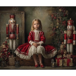 Könnte beinhalten: Ein Kind in einem rot-weißem Kleid sitzt zwischen zwei großen Nussknackern. Ein kleiner Weihnachtsbaum und verpackte Geschenke befinden sich im Vordergrund. Der Hintergrund hat eine Vintage-Ästhetik.