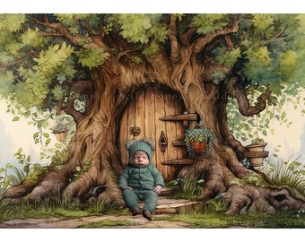 Magical Tree Digital Backdrop, Watercolor, Door, Newborn, Baby, Winnie, Pooh Bear, Woodland, Oak Tree, Trunk, Magic, Digital Background