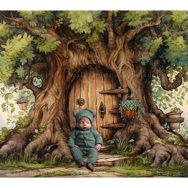 Fondo digital del árbol mágico, acuarela, puerta, recién nacido, bebé, Winnie, oso Pooh, bosque, roble, tronco, magia, fondo digital