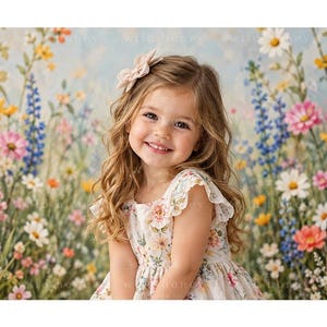 May include: A white sleeveless dress featuring a colorful floral print with ruffled sleeves, worn with a light pink bow hair accessory. The garment is displayed against a backdrop of various wildflowers in shades of pink, blue, yellow, and white.