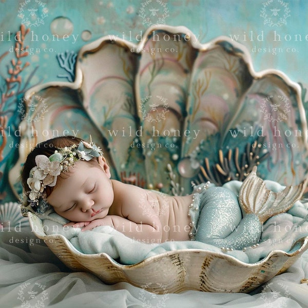 LUXE PAINTED COLLECTION Newborn Digital Backdrop, Shells, Mermaid, Ocean, Under the Sea, Studio, Newborn Photography, Baby, Background