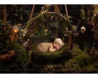 Newborn Hoop Digital Backdrop, Moss, Flowers, Forest, Hoop, Lights, Baby, Newborn, Digital Background