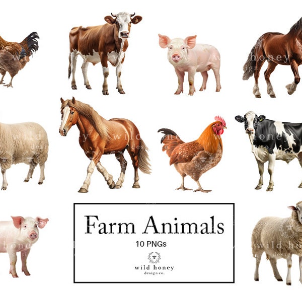 Photorealistic Farm Animals Overlays, Clipart, 10 PNGs, Farmyard, Horses, Sheep, Pigs, Piglets, Cows, Chickens, Transparent, Photoshop