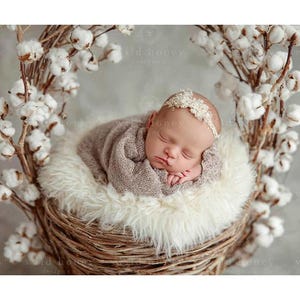 Newborn Basket Digital Backdrop, Cotton, Wicker Basket, Neutral, Newborn Photography, White Blanket, Fur, Baby, Digital Background