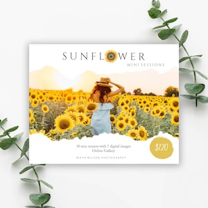 May include: A white card with a sunflower graphic and the text "SUNFLOWER MINI SESSIONS". The card also includes a photo of a person in a field of sunflowers, a description of the session, and the price of £120.