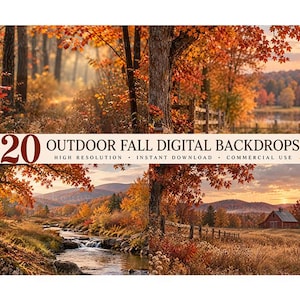 May include: A collection of 20 outdoor fall digital backdrops featuring vibrant autumn foliage, forest scenes, a flowing stream, and a rustic red barn at sunset. The text 20 OUTDOOR FALL DIGITAL BACKDROPS is centered across the middle of the image.