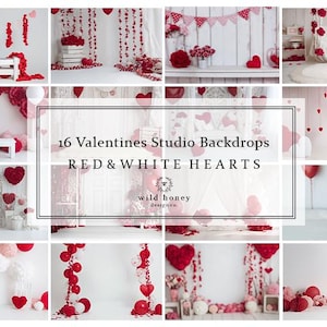 May include: A collage of 16 Valentine's Day studio backdrops featuring red and white heart decorations. The backdrops include heart garlands, balloons, and other festive elements, perfect for photography sessions.