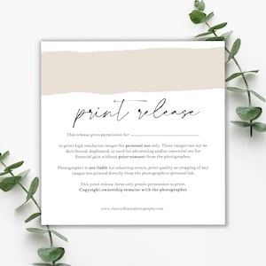 May include: A print release form with a beige background and black text. The text reads "print release" and includes information about the photographer's permission for personal use of images.