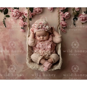 Pink Rose Swing Digital Backdrop, Pink Flowers, Leaves, Swing, Baby, Newborn, Sitter, Child, Pink Backdrop, Digital Background