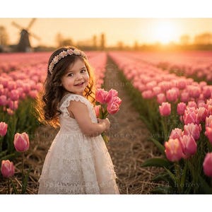 Pink Tulip Field Digital Backdrop: Spring, Windmill (JPEG)