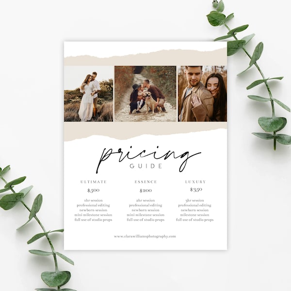 Price Guide Marketing Template, Pricing Sheet, Investment, Photography pricing and packages. Photoshop PSD Template, Torn, Ripped