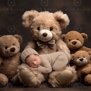 Fondo digital de osito de peluche para recién nacido, estudio, beige, neutros, niño, niñera, bebé, fotografía de recién nacido, compuesto